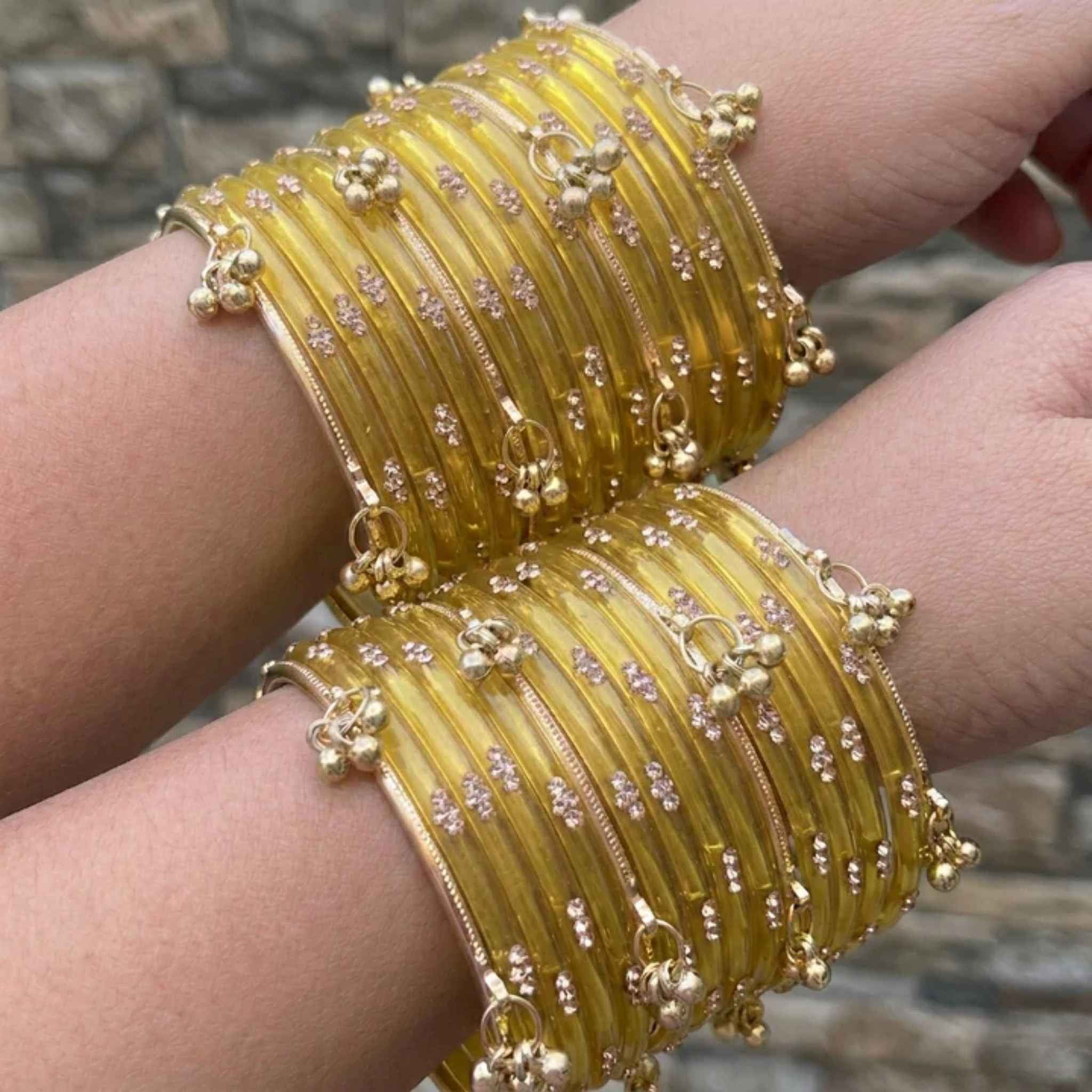 Viral Kashmiri Ghungroo Glass Bangle Set-1 dozen - Yellow (12 Simple 4 Ghungroo Bangles)