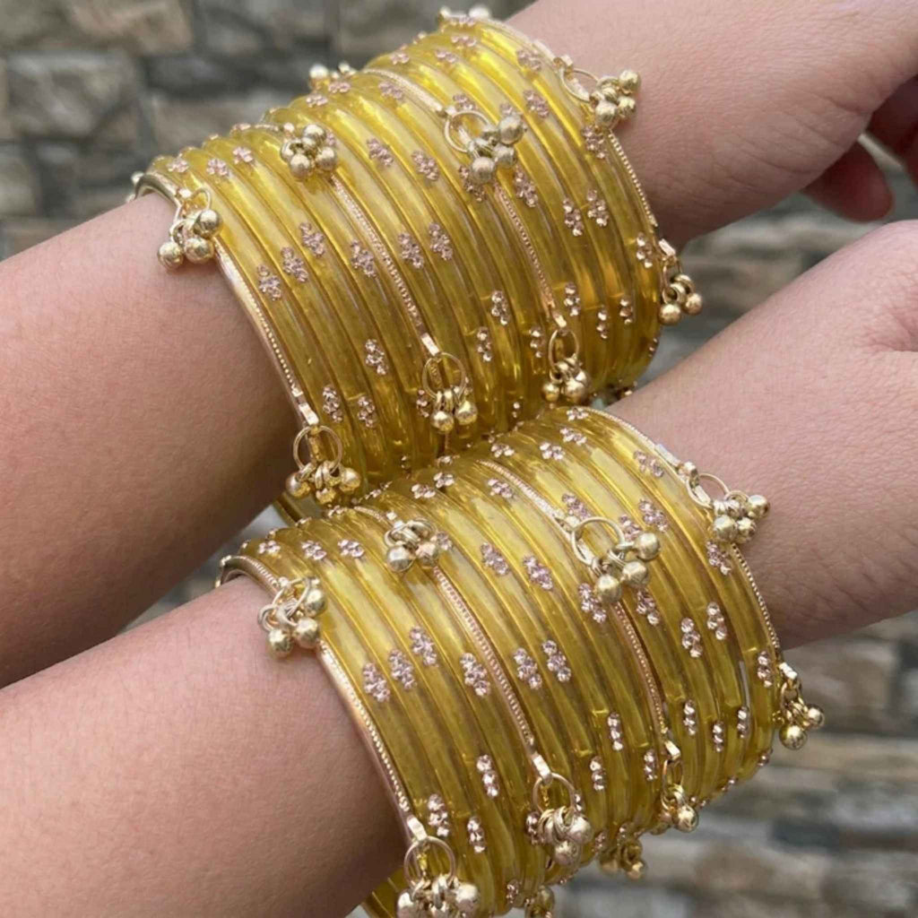 Viral Kashmiri Ghungroo Glass Bangle Set-1 dozen - Yellow (12 Simple 4 Ghungroo Bangles)
