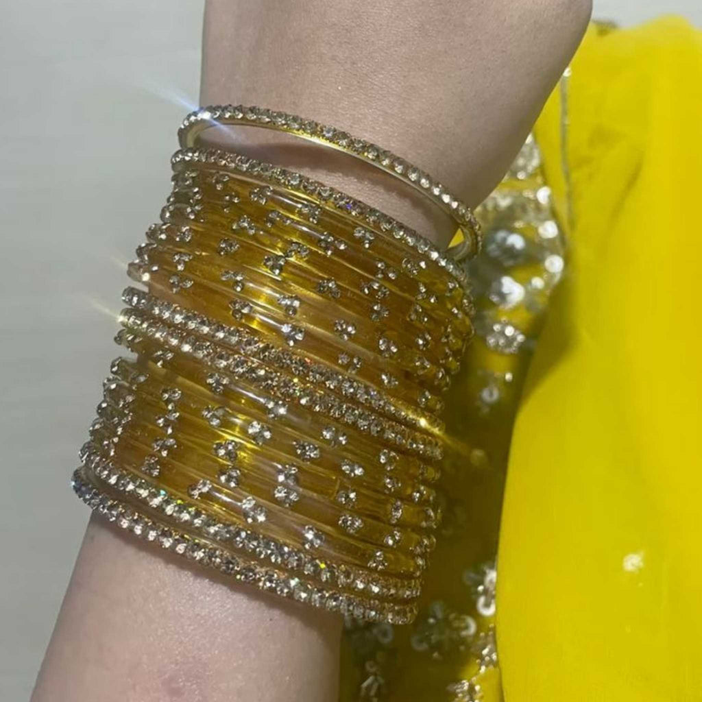 Viral Kashmiri Ghungroo Glass Bangle Set-1 dozen - Yellow (12 Simple 4 Ghungroo Bangles)