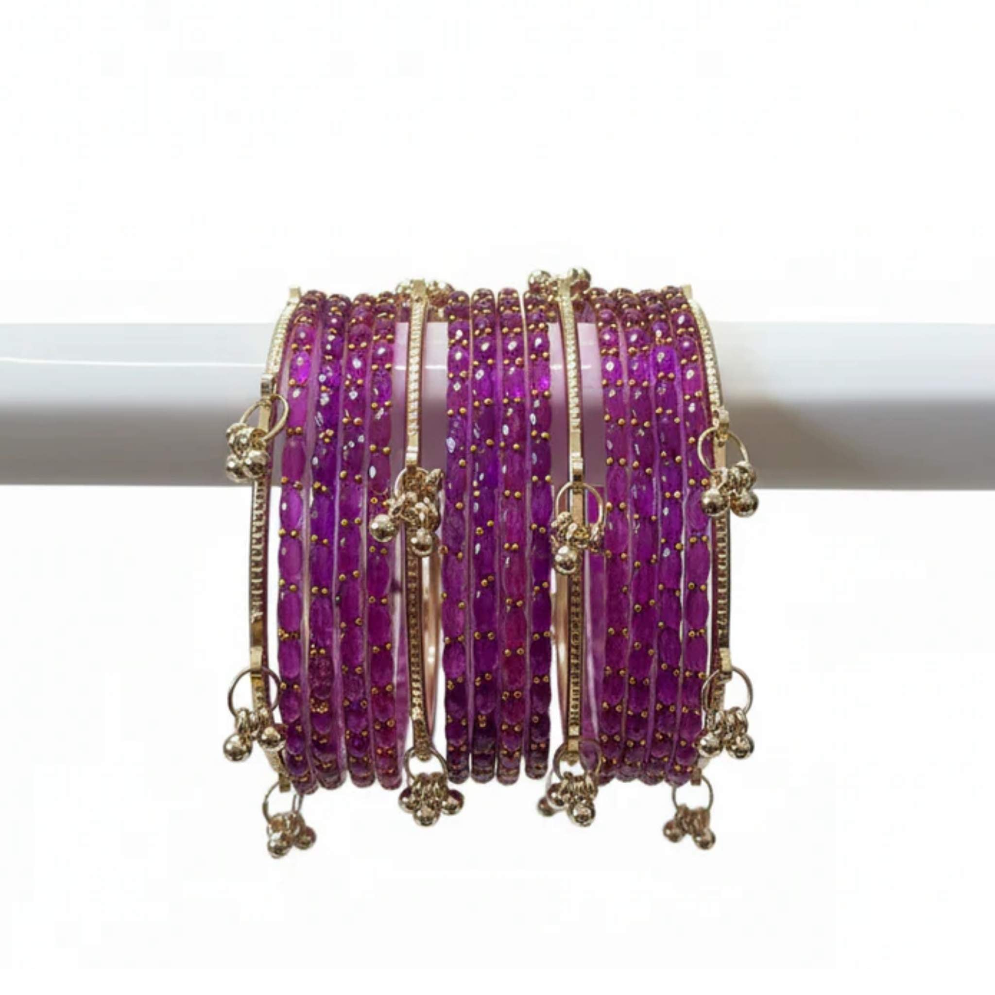 Viral Kashmiri Ghungroo Glass Bangle Set-1 dozen - Purple (12 Simple 4 Ghungroo Bangles)