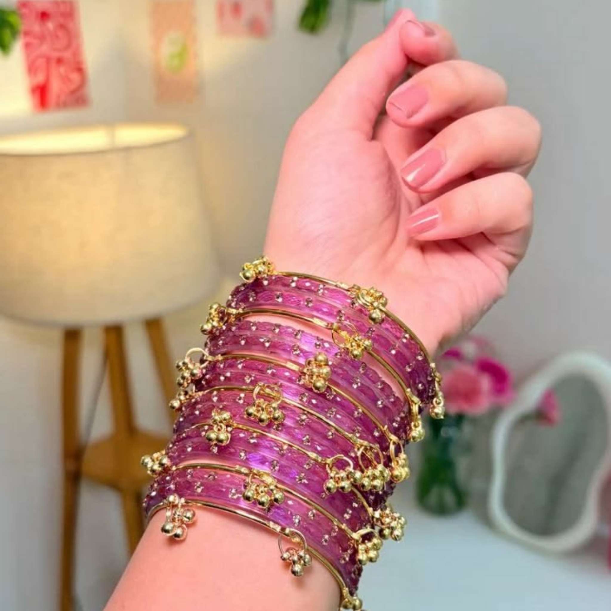 Viral Kashmiri Ghungroo Glass Bangle Set-1 dozen - Pink (12 Simple 4 Ghungroo Bangles)