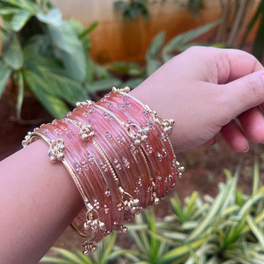 Viral Kashmiri Ghungroo Glass Bangle Set-1 dozen - Pink (12 Simple 4 Ghungroo Bangles)