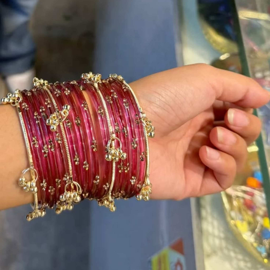 Viral Kashmiri Ghungroo Glass Bangle Set-1 dozen - Red (12 Simple 4 Ghungroo Bangles)