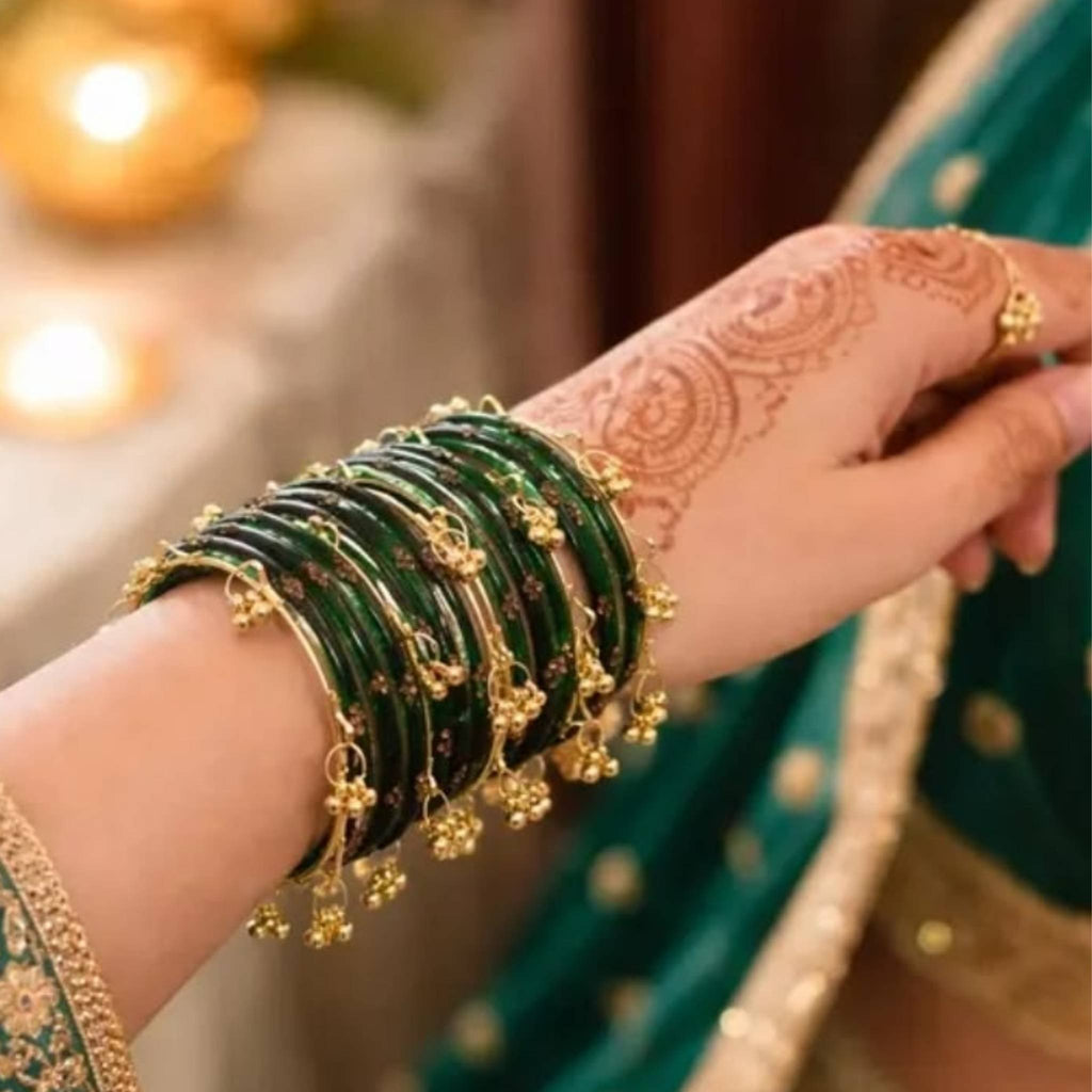 Viral Kashmiri Ghungroo Glass Bangle Set-1 dozen - Green (12 Simple 4 Ghungroo Bangles)