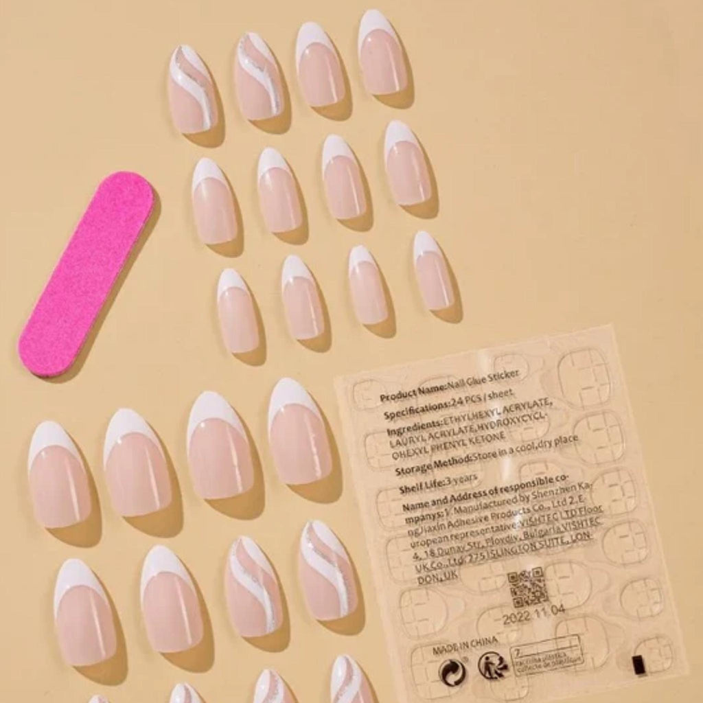 White French Glitter Stripes Oval Press on Nails