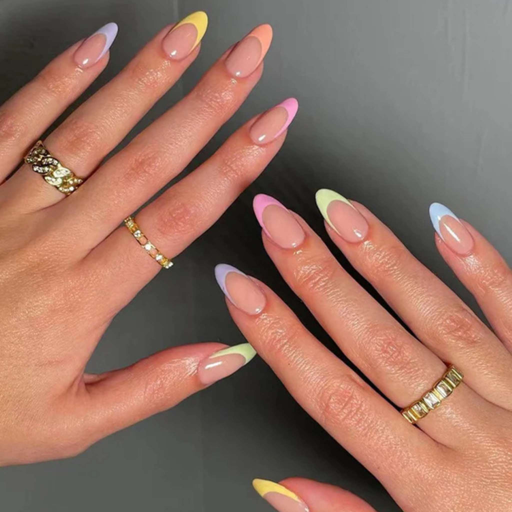 Short oval French style Rainbow color Press on Nails