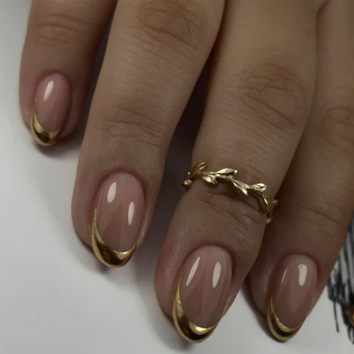 French Gold Chrome Edge Short Square Nude Press on Nails