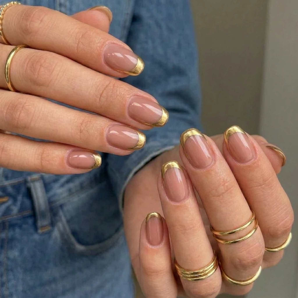 French Gold Chrome Edge Short Square Nude Press on Nails