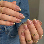 French Gold Chrome Edge Short Square Nude Press on Nails